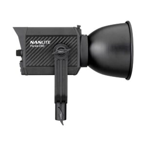 Nanlite_Forza_150_004 The NANLITE Forza 150 Led Monolight LED light is displayed in a profile with a cylindrical bulb, a large circular reflector and a textured rectangular body with a handle at the bottom.