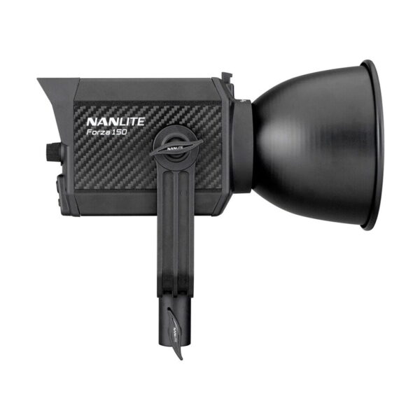Nanlite_Forza_150_004 The NANLITE Forza 150 Led Monolight LED light is displayed in a profile with a cylindrical bulb, a large circular reflector and a textured rectangular body with a handle at the bottom.