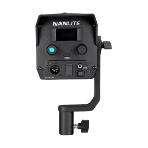 Nanlite_Forza_150_005 The black NANLITE Forza 150 Led Monolight LED lighting control unit with LCD display, buttons, knobs, gates and mounting bracket is visible from the rear against a white background.