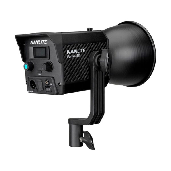 Nanlite_Forza_150_006 NANLITE Forza 150 Led Monolight LED light in black with digital control panel, control knobs and mounting bracket against a white background.