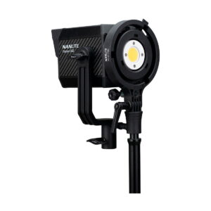 Nanlite_Forza_150_008 The NANLITE Forza 150 Led Monolight LED light is mounted on a stand, viewed from the side against a white background. The luminaire has a round front and a rectangular body with the model name visible.