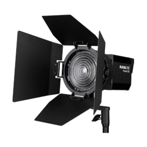 Nanlite_Forza_150_010 The NANLITE Forza 150 Led Monolight is a professional studio light with adjustable barn doors, a round textured lens and is mounted on a stand. The product name NANLITE Forza 150 is shown on the side.