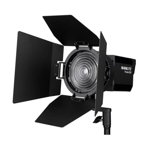 Nanlite_Forza_150_010 The NANLITE Forza 150 Led Monolight is a professional studio light with adjustable barn doors, a round textured lens and is mounted on a stand. The product name NANLITE Forza 150 is shown on the side.
