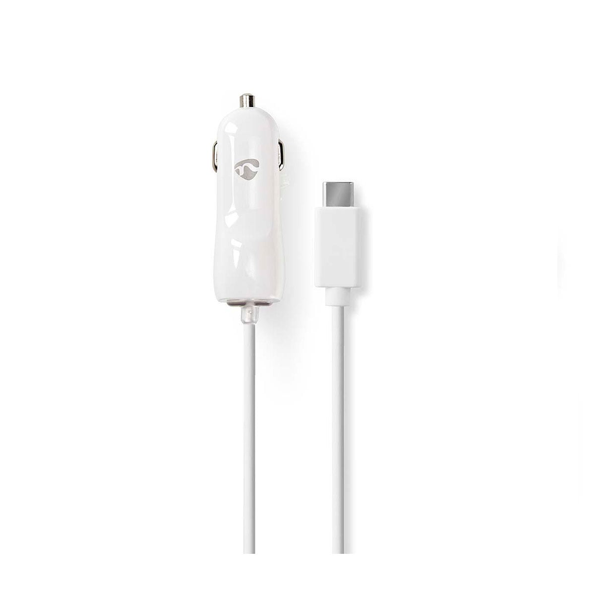 Nedis Autolaturi 1x3.0A USB-C on valkoinen autolaturi, johon on liitetty USB-C-kaapeli ja joka näkyy valkoisella taustalla.