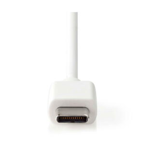 Close-up of the Nedis Car Charger 1x3.0A USB-C cable connector on a white background, highlighting the metal contacts inside the port.