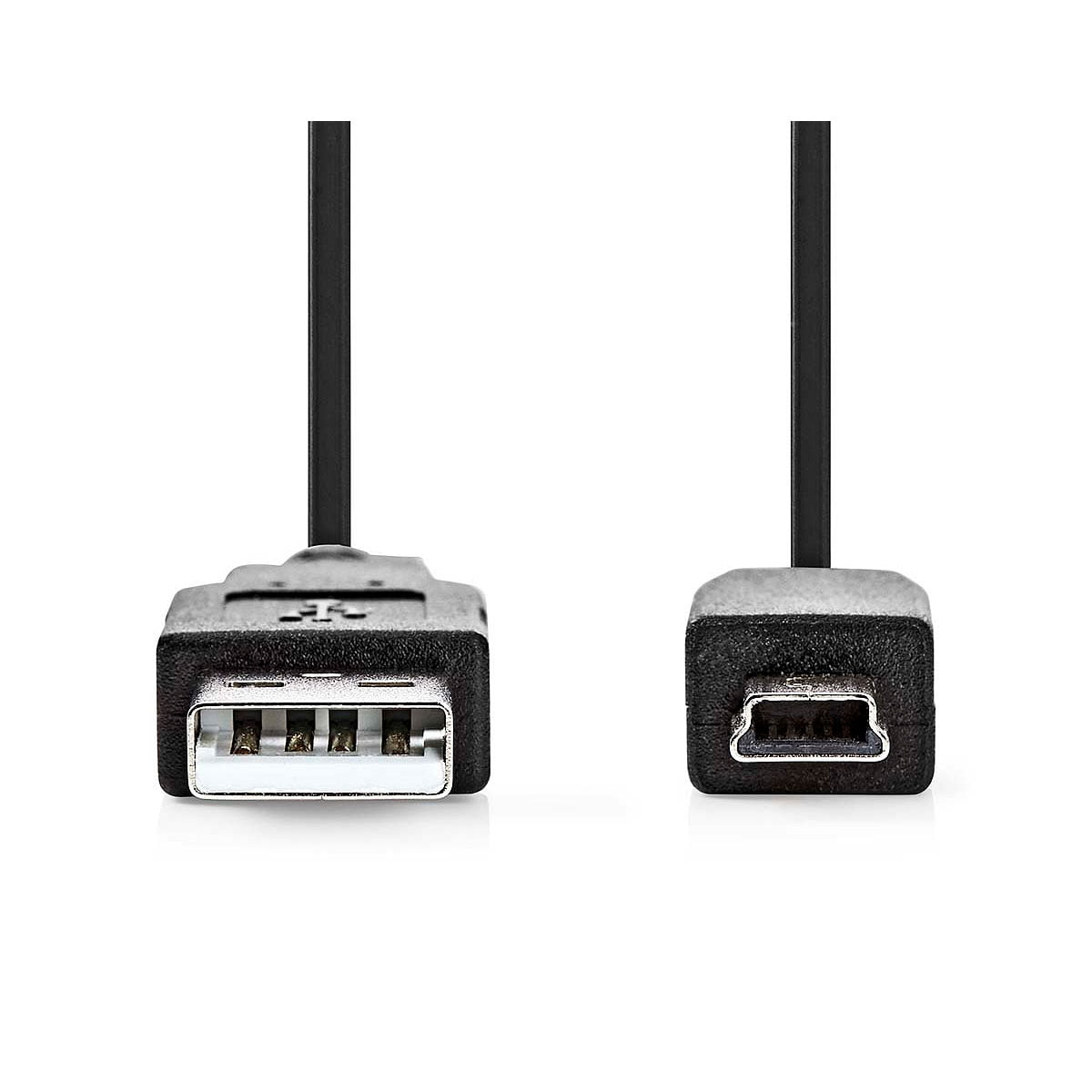 Nedis USB A - USB Mini 2 metriä: musta kaapeli, jossa vasemmalla USB-A-liitin ja oikealla Mini USB-B-liitin valkoisella pohjalla.