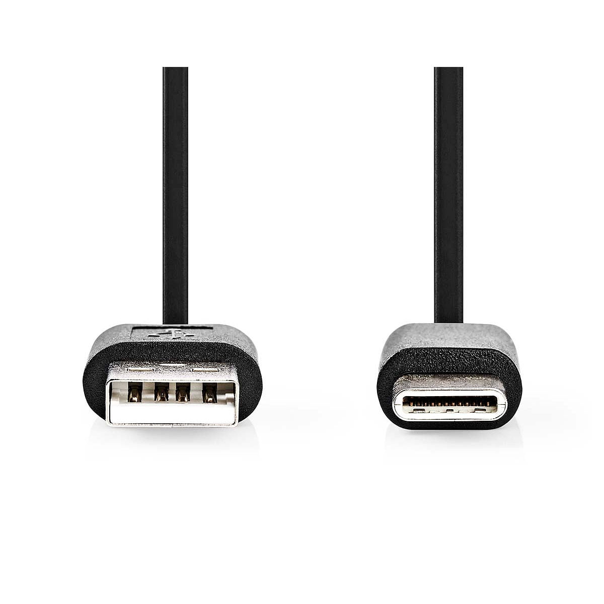 Nedis USB A - USB C 1 metri on musta kaapeli, jossa on USB-A-liitin vasemmalla puolella ja USB-C-liitin oikealla puolella valkoisella pohjalla.