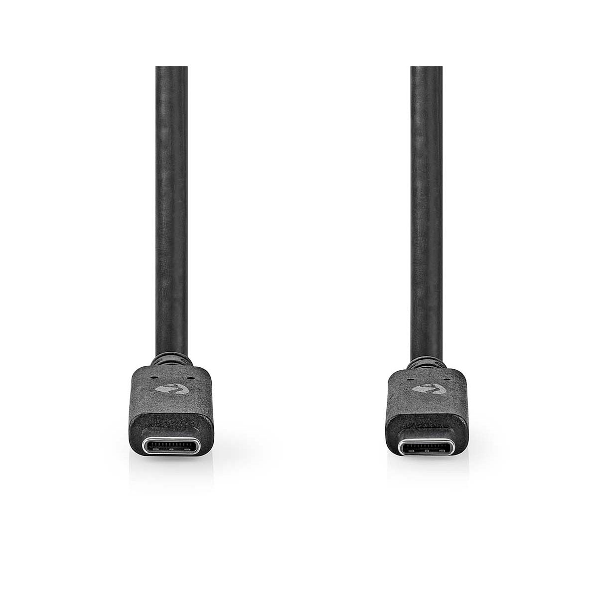 Kaksi mustaa Nedis USB C - USB C 2 metriä USB 3.2 Gen 1 -kaapelia on kuvattu vastakkain valkoisella pohjalla, ja molemmat liittimet näkyvät selvästi päissä.