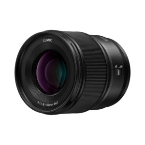 Panasonic-Lumix-S-lens-50mm-F18-02 Black Panasonic Lumix S Lens 50mm F/1.8 lens with textured focus ring and AF/MF switch on a white background.