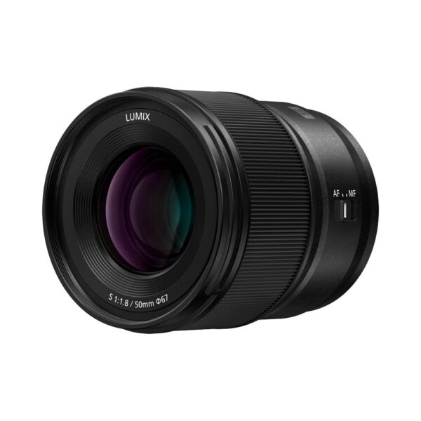 Panasonic-Lumix-S-lens-50mm-F18-02 Black Panasonic Lumix S Lens 50mm F/1.8 lens with textured focus ring and AF/MF switch on a white background.