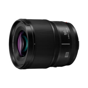 Panasonic-Lumix-S-lens-50mm-F18-03 The Panasonic Lumix S Lens 50mm F/1.8 is a black lens with a ribbed focus ring, multi-coated glass and white and red side markings against a white background.