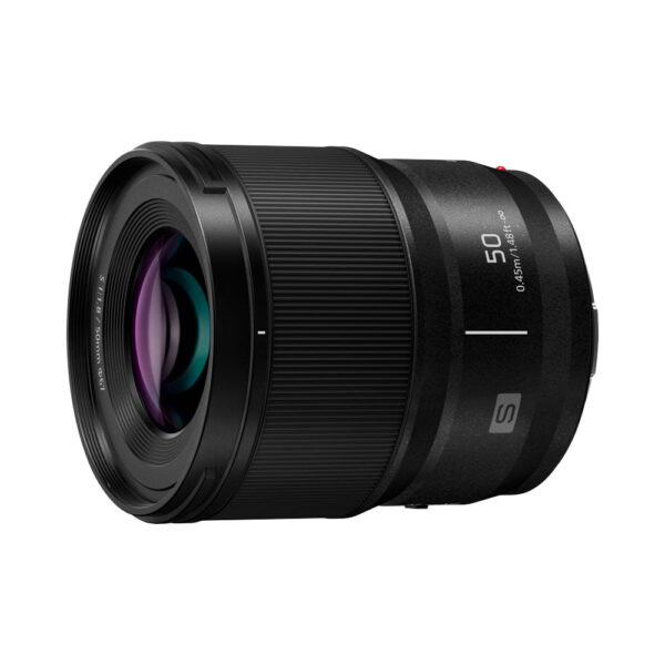 Panasonic-Lumix-S-lens-50mm-F18-03 The Panasonic Lumix S Lens 50mm F/1.8 is a black lens with a ribbed focus ring, multi-coated glass and white and red side markings against a white background.