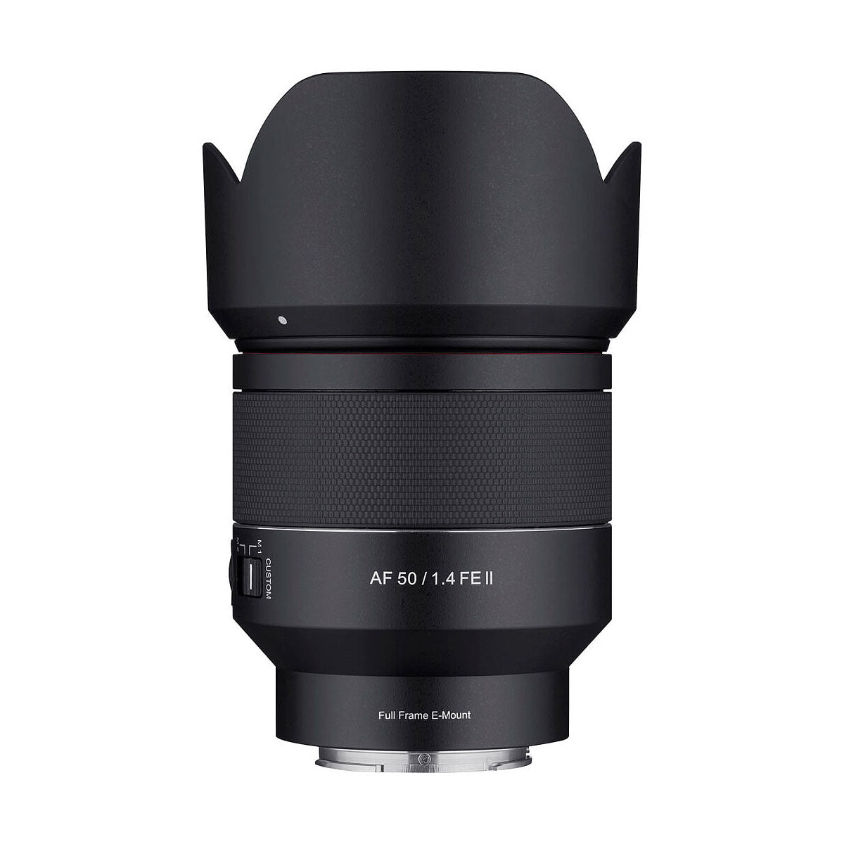 Samyang_AF_50mm_f_1_4_EF_II_001 Samyang AF 50mm f/1.4 II - Sony FE -objektiivi, jossa on vastavalosuoja ja tarkennusrengas, näkyy valkoisella taustalla, ja siinä on merkinnät "AF 50/1.4 FE II" ja "Full Frame E-Mount".