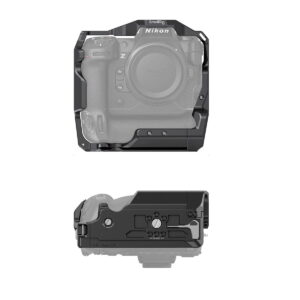 Kaksi näkymää SmallRig Cage for Nikon Z9 3195 -musta suojakiinnikkeestä edestä ja alhaalta sekä puoliksi läpinäkyvä harmaa kuva kameran rungosta.