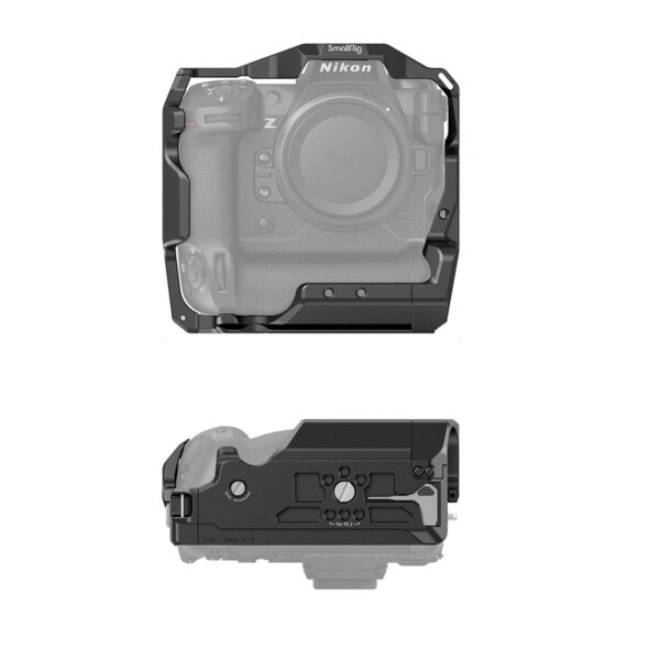 Kaksi näkymää SmallRig Cage for Nikon Z9 3195 -musta suojakiinnikkeestä edestä ja alhaalta sekä puoliksi läpinäkyvä harmaa kuva kameran rungosta.