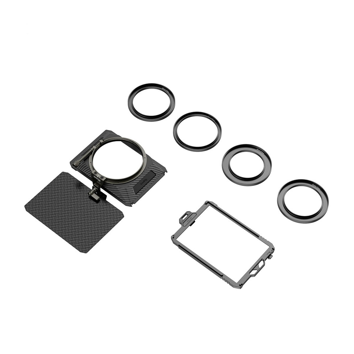 SmallRig_Mini_Matte_Box_Lite_3575_002 SmallRig Mini Matte Box Lite 3575 -pakkaus sisältää useita pyöreitä sovitinrenkaita, suorakulmaisen suodatinpidikkeen ja uritetun suodatinkehyksen, jotka kaikki näkyvät valkoisella pohjalla.