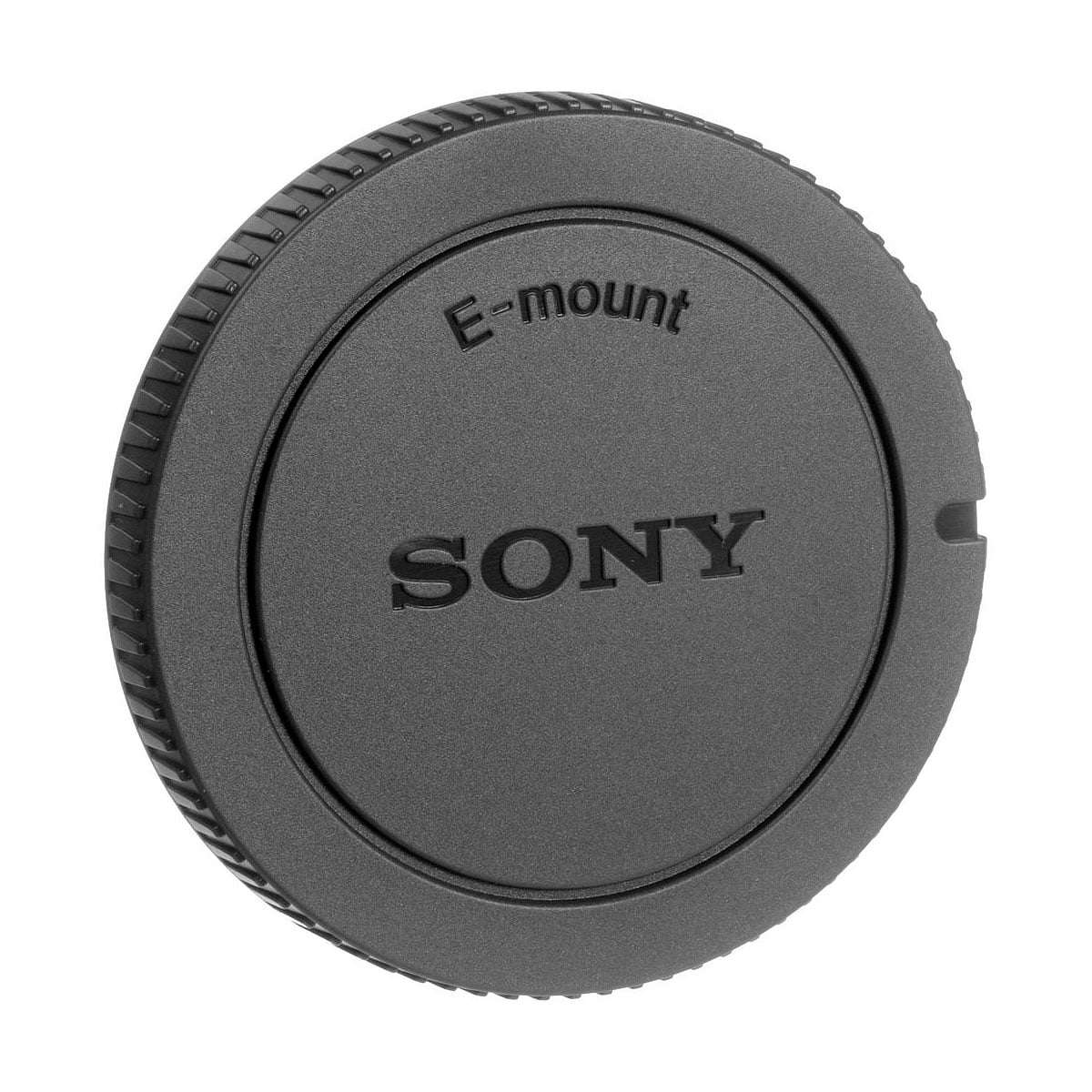 Sony ALC-B1EM E-sarjan runkotulppa, musta runkotulppa E-mount-kameroille, näkyy valkoisella pohjalla, jossa on kuvioidut reunat pitoa varten ja Sony-logo ja "E-mount"-teksti etupuolella.