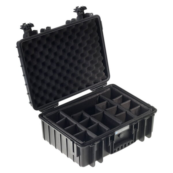 The B&W Type 5000 hard camera bag (with space system), black, is a hard black carry case with an open lid, foam padding inside the top and several adjustable padded compartments for organizing and protecting your gear.