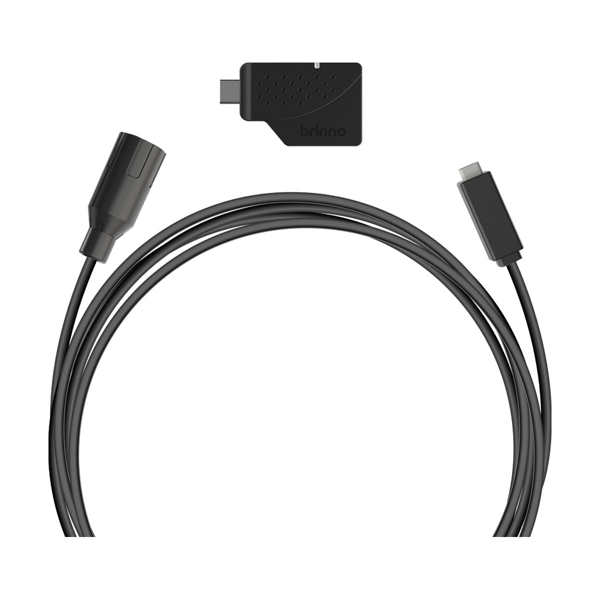 Brinno AFB1000 Camera Extender Kit for BCC2000 sisältää mustan USB-C-kaapelin, jonka toisessa päässä on tynnyriliitin ja toisessa USB-C-pistoke, sekä kompaktin mustan sovittimen, jossa on merkintä "brinno".