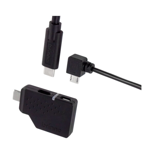 Brinno AFB1000 Camera Extender Kit for BCC2000 näkyy valkoisella pohjalla kolmen mustan sovittimen ja kaapelin kanssa: USB-C-pistoke, suorakulmainen mikro-USB-pistoke ja Brinno-merkkinen sovitin.