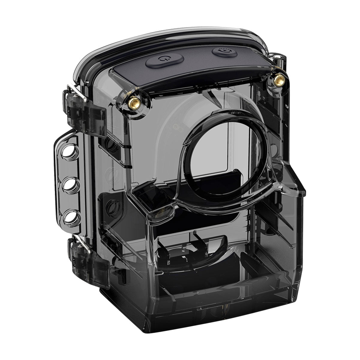 Brinno ATH1000 Waterproof Housing on läpinäkyvä musta muovinen kamerakotelo, jossa on suuri pyöreä linssiaukko, sivusaranat ja kaksi pyöreää painiketta päällä.