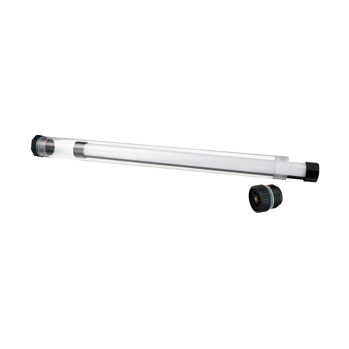 NANLITE Waterproof Tube for PavoTube II 15X on kirkas lieriömäinen putki, jonka molemmissa päissä on mustat kierteitetyt korkit - toinen korkki poistetaan ja asetetaan putken viereen - ja jonka sisällä on valkoinen sauva.