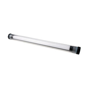 NANLITE Waterproof Tube for PavoTube II 15X on kirkas lieriömäinen LED-putki, jossa on mustat päätykappaleet ja joka on suunniteltu teollisuus- tai hyötyvalaistukseen valkoista taustaa vasten.