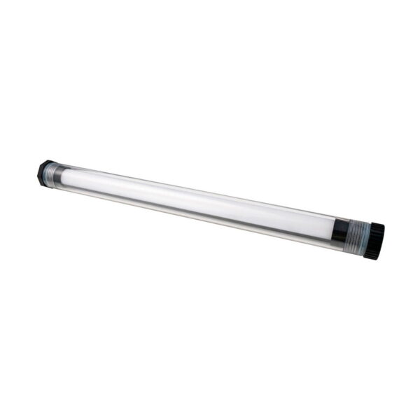 NANLITE Waterproof Tube for PavoTube II 15X on kirkas lieriömäinen LED-putki, jossa on mustat päätykappaleet ja joka on suunniteltu teollisuus- tai hyötyvalaistukseen valkoista taustaa vasten.