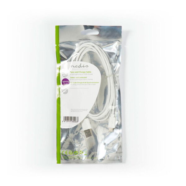 Unopened Nedis USB A 2.0 - Apple Lightning cable (2 m) in a retail box with transparent front and green-silver label on a white background.