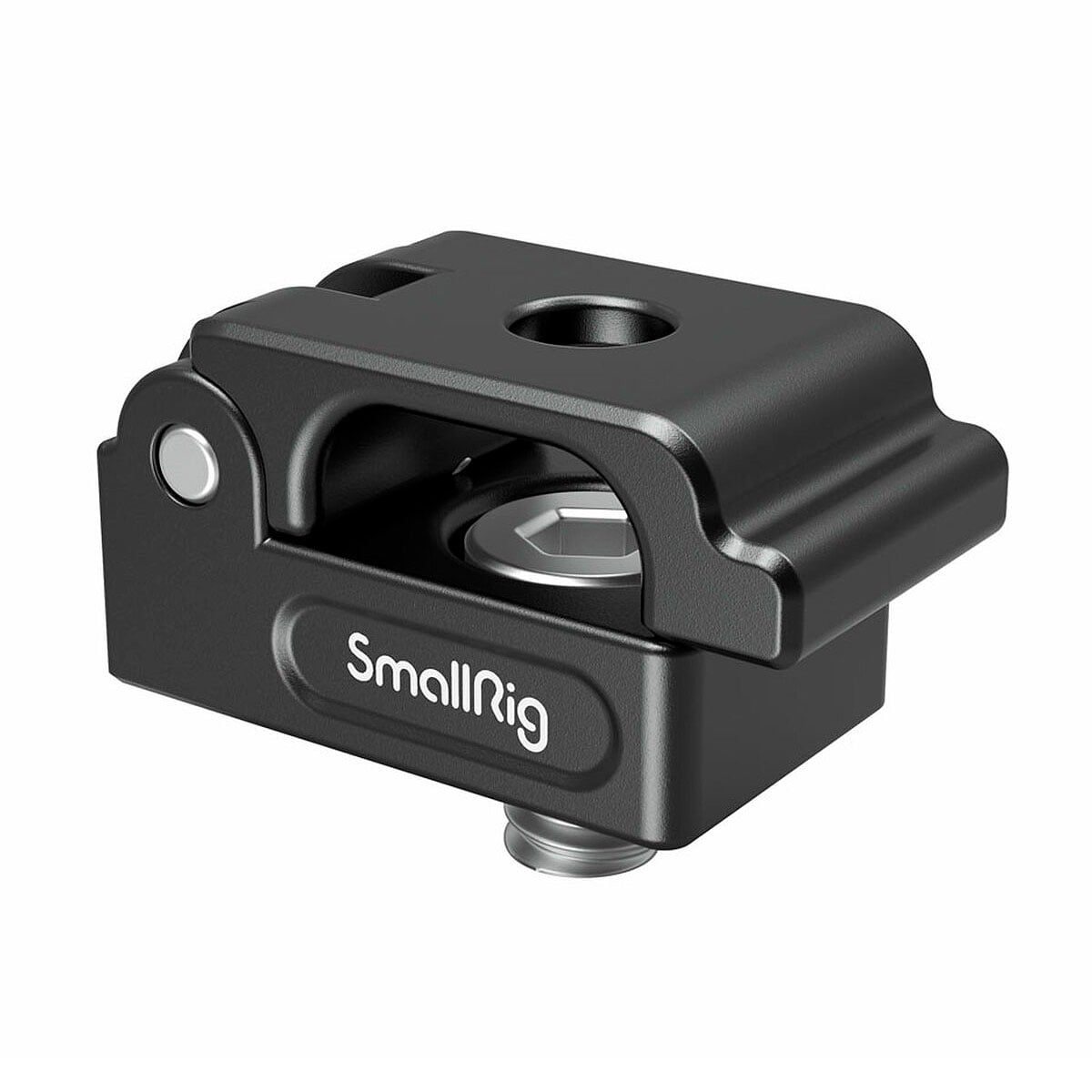SmallRig 2418 Universal Spring Cable Clamp (2 kpl) on musta metallinen lisävaruste, jossa on puristinmuotoilu, SmallRig-logo, kierteitetty yläreikä ja perusruuvimekanismi turvallista kiinnitystä varten.