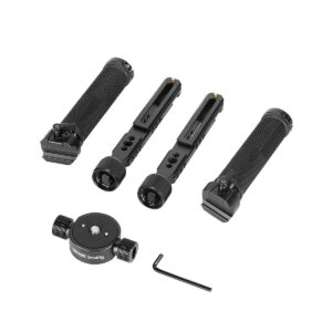 SmallRig_2857_Dual_Handgrip_for_ZHIYUN_CRANE_3S_Handheld_Stabilizer_002 The SmallRig 2857 Dual Handgrip for ZHIYUN CRANE 3S includes three textured black handles, a circular mounting plate with three ports, and an Allen wrench, all neatly displayed on a white background.