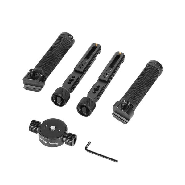 SmallRig_2857_Dual_Handgrip_for_ZHIYUN_CRANE_3S_Handheld_Stabilizer_002 The SmallRig 2857 Dual Handgrip for ZHIYUN CRANE 3S includes three textured black handles, a circular mounting plate with three ports, and an Allen wrench, all neatly displayed on a white background.