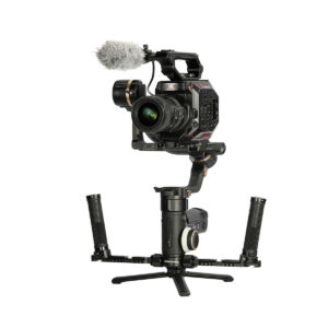 SmallRig_2857_Dual_Handgrip_for_ZHIYUN_CRANE_3S_Handheld_Stabilizer_003 The SmallRig 2857 Dual Handgrip is attached to the ZHIYUN CRANE 3S handgrip with professional video camera and external microphone, featuring a tripod stand and dual handles isolated on a white background.