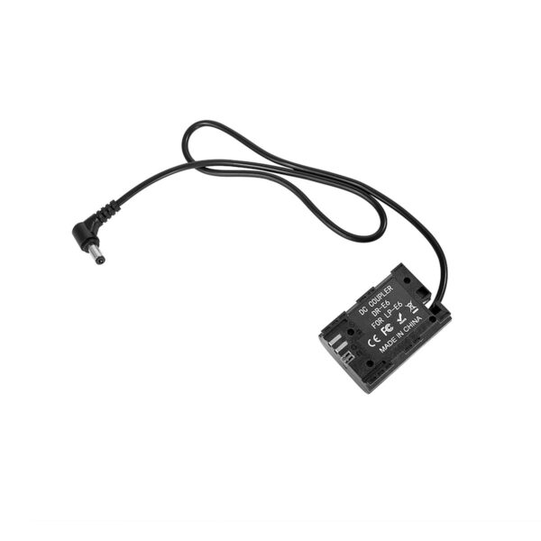 SmallRig 2919 DC5521 to LP-E6 Dummy Battery Charging Cable is a black adapter with cable and rectangular DC connector with white printed text and certification symbols on one side.