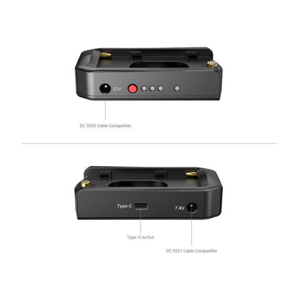 SmallRig_3168_NP-F_Battery_Adapter_Plate_Professional_Edition_005 Kaksi näkymää SmallRig 3168 NP-F -akkusovitinlevyn Professional Edition -versiosta: ylhäällä on 12 V DC-tulo, neljä merkkivaloa ja DC 5525 -portti; alhaalla on Type-C-portti, 7,4 V:n lähtö ja DC 5521 -portti.