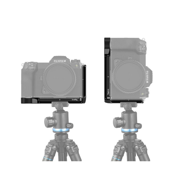 Kaksi kameraa, yksi vaaka- ja yksi pystysuora, ja molempiin on kiinnitetty SmallRig 3232 L-teline Fujifilm GFX 100S:lle ja GFX 50S II:lle.