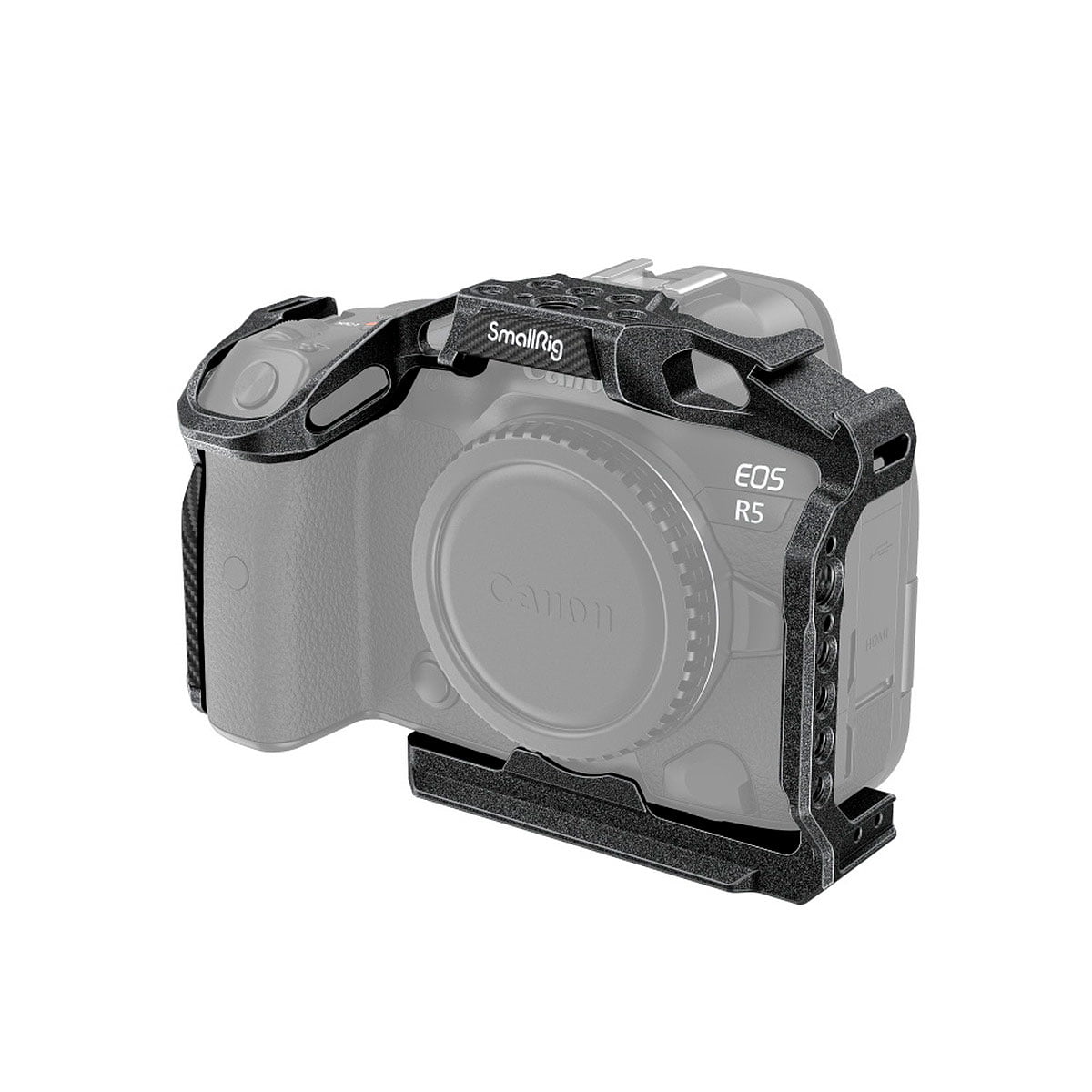 Harmaasävyinen Canon EOS R5 -kamera, joka on osittain suljettu mustaan SmallRig 3233 "Black Mamba" -kamerahäkkiin, jossa on useita kiinnityspisteitä ja SmallRig-etiketti päällä.