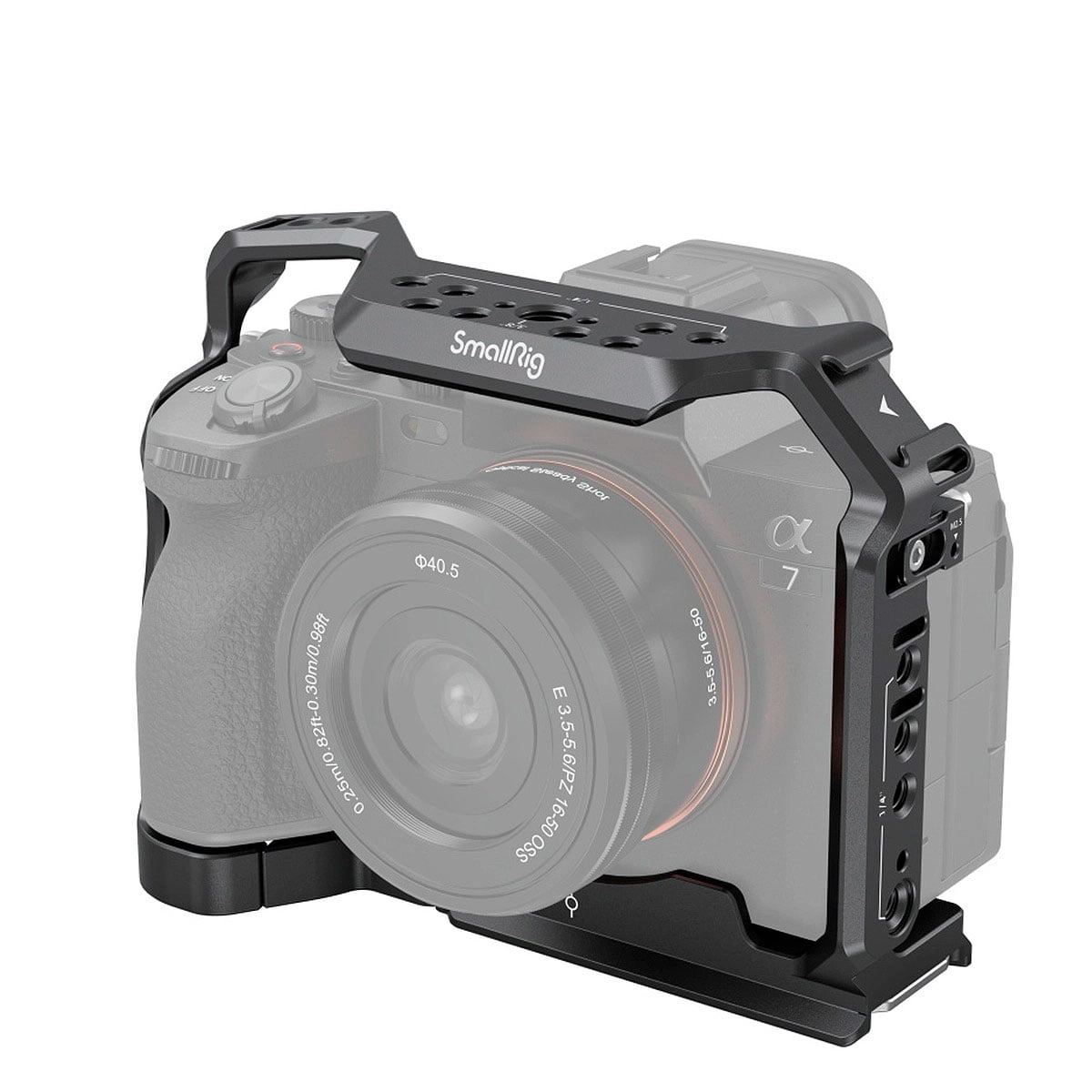 A digital camera housed in a black metal SmallRig 3667 Full Cage case for the Sony A7R V/A7R IV/A7 IV/A7S III/A1, providing multiple mounting points and better protection for the camera and lens.
