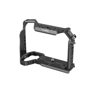 The SmallRig 3667 Full Cage for Sony A7R V/IV, A7 IV, A7S III and A1 is a black metal cage with multiple mounting holes and a contoured grip that securely holds and protects your camera while allowing you to attach accessories.