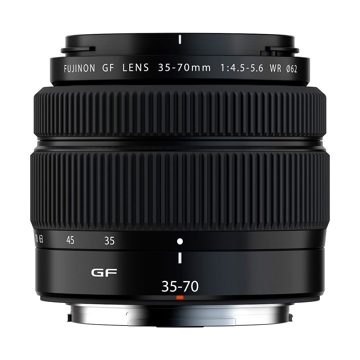 Fujifilm Fujinon GF 35-70mm f/4.5-5.6 WR -objektiivissa on musta viimeistely, harjatut zoomaus- ja tarkennusrenkaat sekä valkoinen objektiivin määrittelyteksti etu- ja ulkopinnalla.