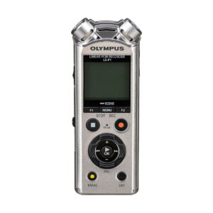 Olympus_LS-P1_0002 The Olympus LS-P1 audio recorder is a silver handheld device with a display, various buttons and controls and two built-in microphones against a white background.