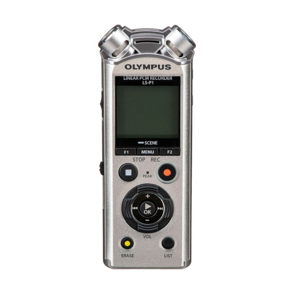 Olympus_LS-P1_0002 The Olympus LS-P1 audio recorder is a silver handheld device with a display, various buttons and controls and two built-in microphones against a white background.