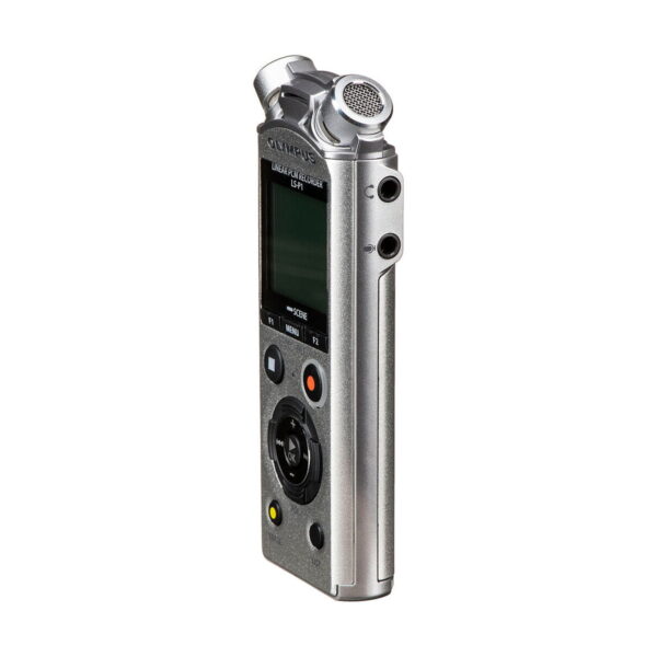 Olympus_LS-P1_0003 The Olympus LS-P1 audio recorder is a silver-coloured portable device with a small screen, control buttons, built-in microphones at the top and audio input and output jacks on the side.