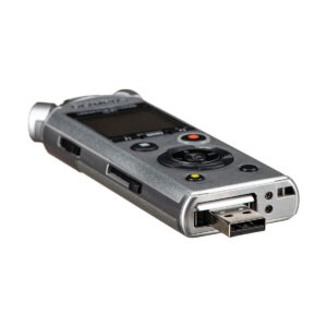 Olympus_LS-P1_0008 The Olympus LS-P1 audio recorder features a built-in USB connector, a black screen, multiple control buttons and a silver-coloured metal body with a white background.