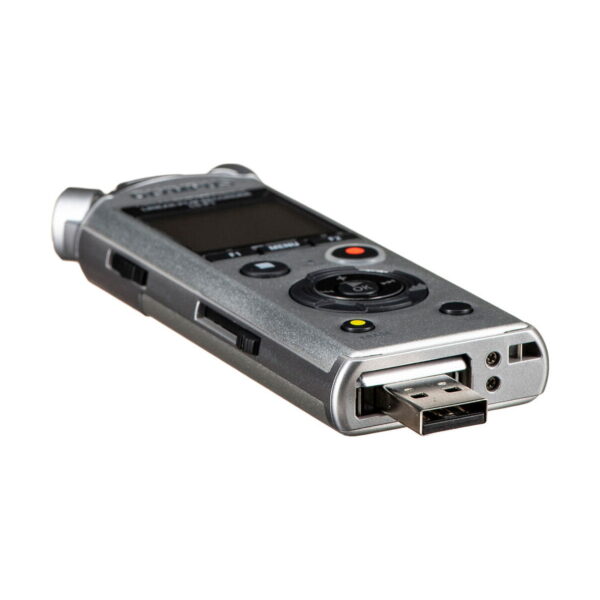 Olympus_LS-P1_0008 The Olympus LS-P1 audio recorder features a built-in USB connector, a black screen, multiple control buttons and a silver-coloured metal body with a white background.