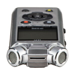 Olympus_LS-P1_0009 A close-up of the Olympus LS-P1 audio recorder shows two built-in microphones, a display and several control buttons against a white background.