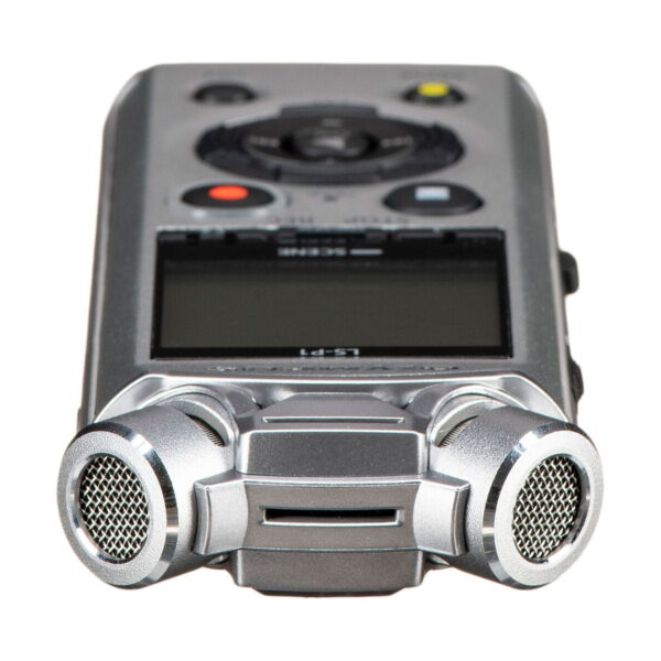 Olympus_LS-P1_0009 A close-up of the Olympus LS-P1 audio recorder shows two built-in microphones, a display and several control buttons against a white background.