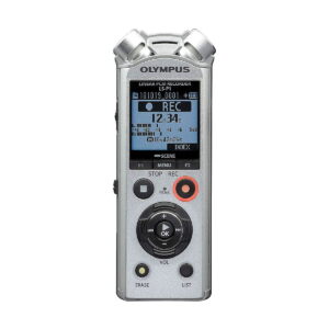 Olympus_LS-P1_0010 The Olympus LS-P1 audio recorder is a silver-coloured portable device with a recording status display, multiple play, record and volume control buttons and built-in microphones at the top.