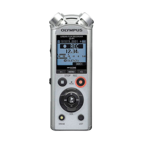 Olympus_LS-P1_0010 The Olympus LS-P1 audio recorder is a silver-coloured portable device with a recording status display, multiple play, record and volume control buttons and built-in microphones at the top.