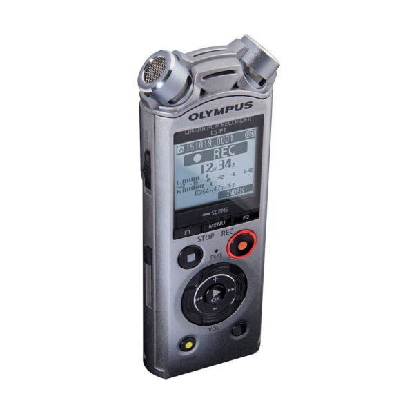 Olympus_LS-P1_0011 The Olympus LS-P1 audio recorder features a silver design, a recording settings display, menu and playback buttons and built-in microphones positioned in the upper corners.